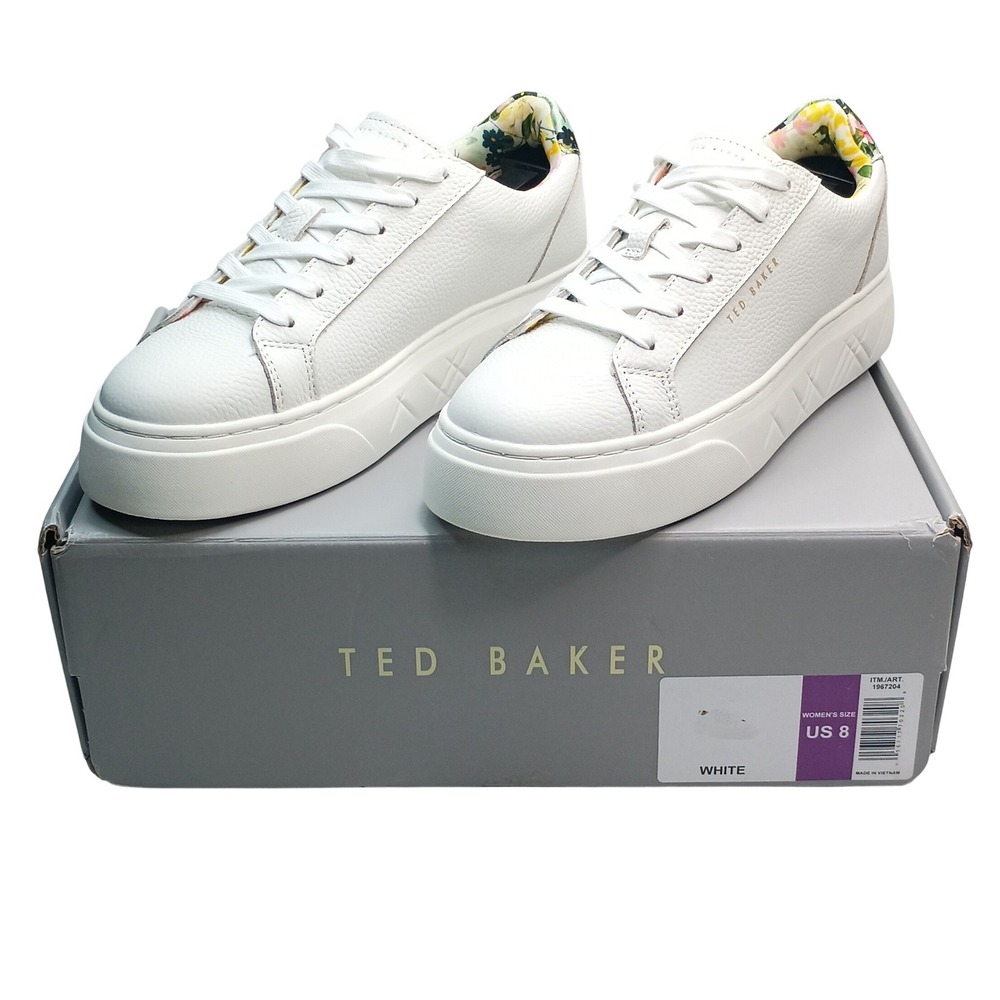 Ted Baker Adison Floral Sneakers Women Size 8 White Leather Lining Platform Low